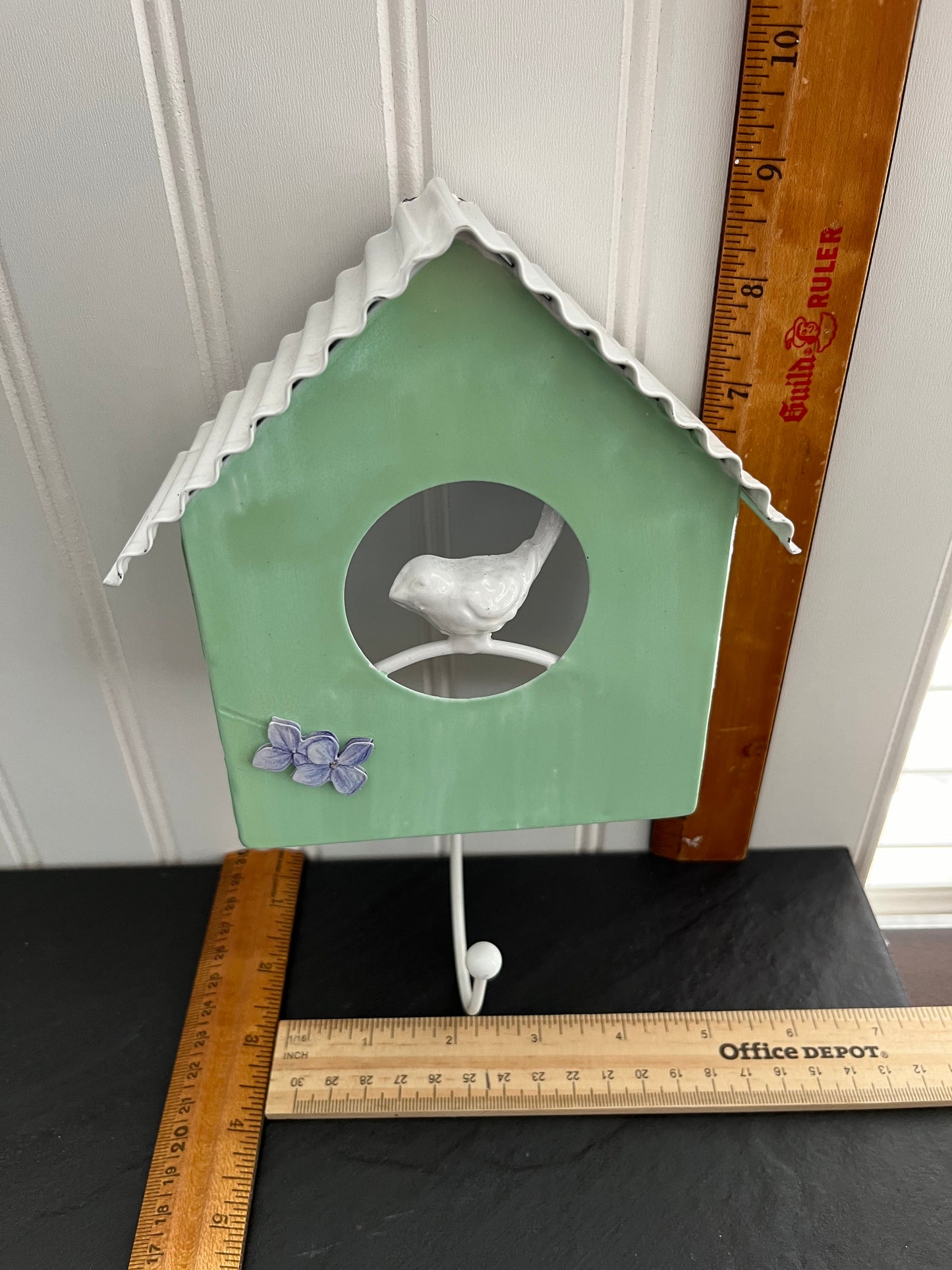 Green Metal Wall Hook Birdhouse With White Bird