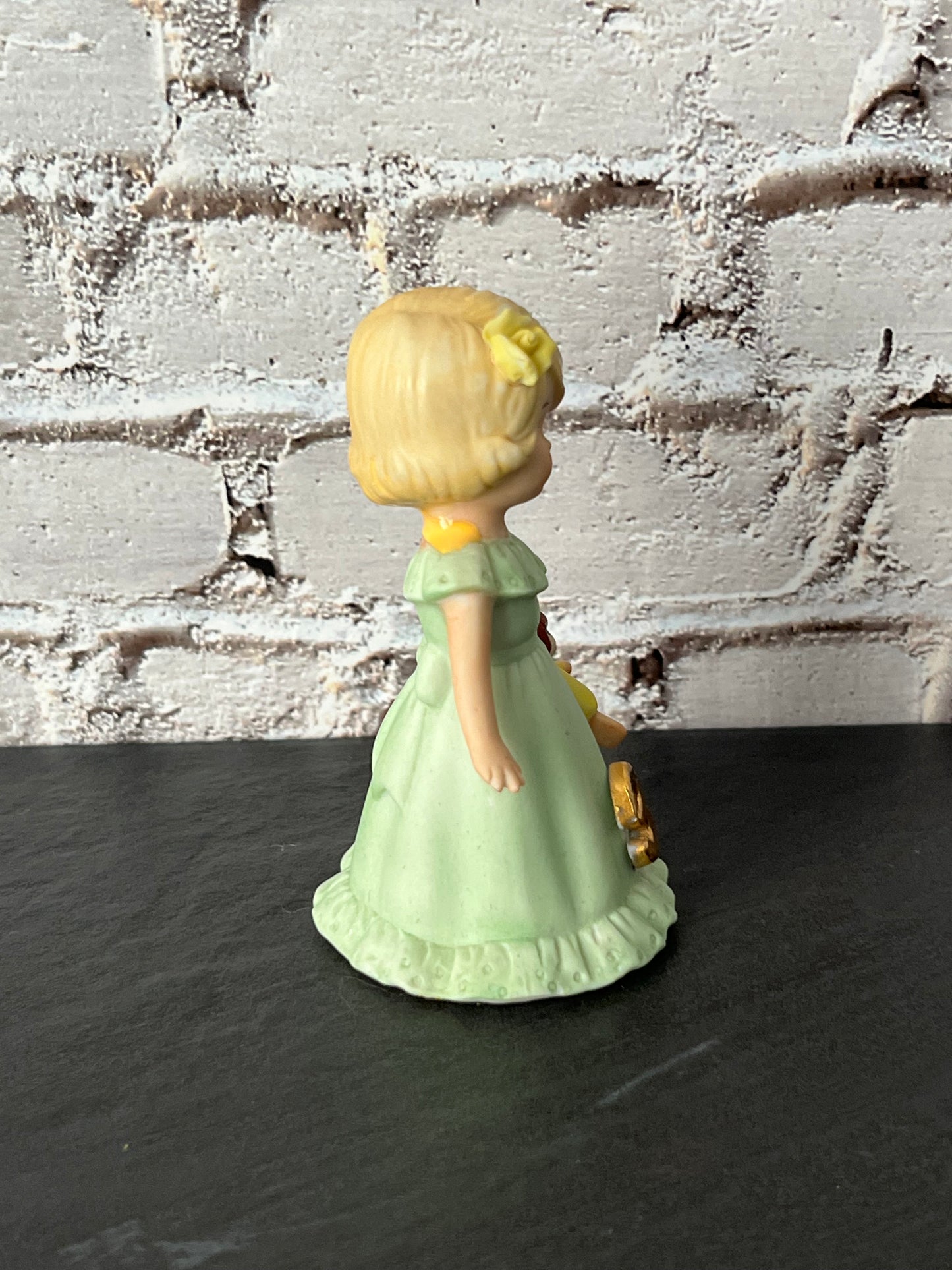 Vintage Enesco Growing Up Birthday Girls Age 3 Figurine – Bisque Porcelain Touched Up/Repaired Blonde Girl with Doll Pastel Green Dress (1980s–1990s)