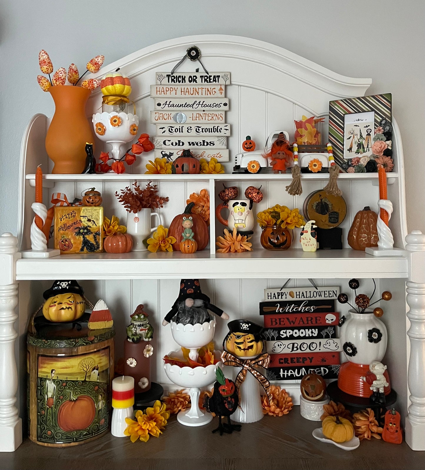 Hand-Painted “Happy Halloween” Glass Block Décor with Cat, Moon & Pumpkin | Contemporary Folk Art Holiday Accent | c. 2000s