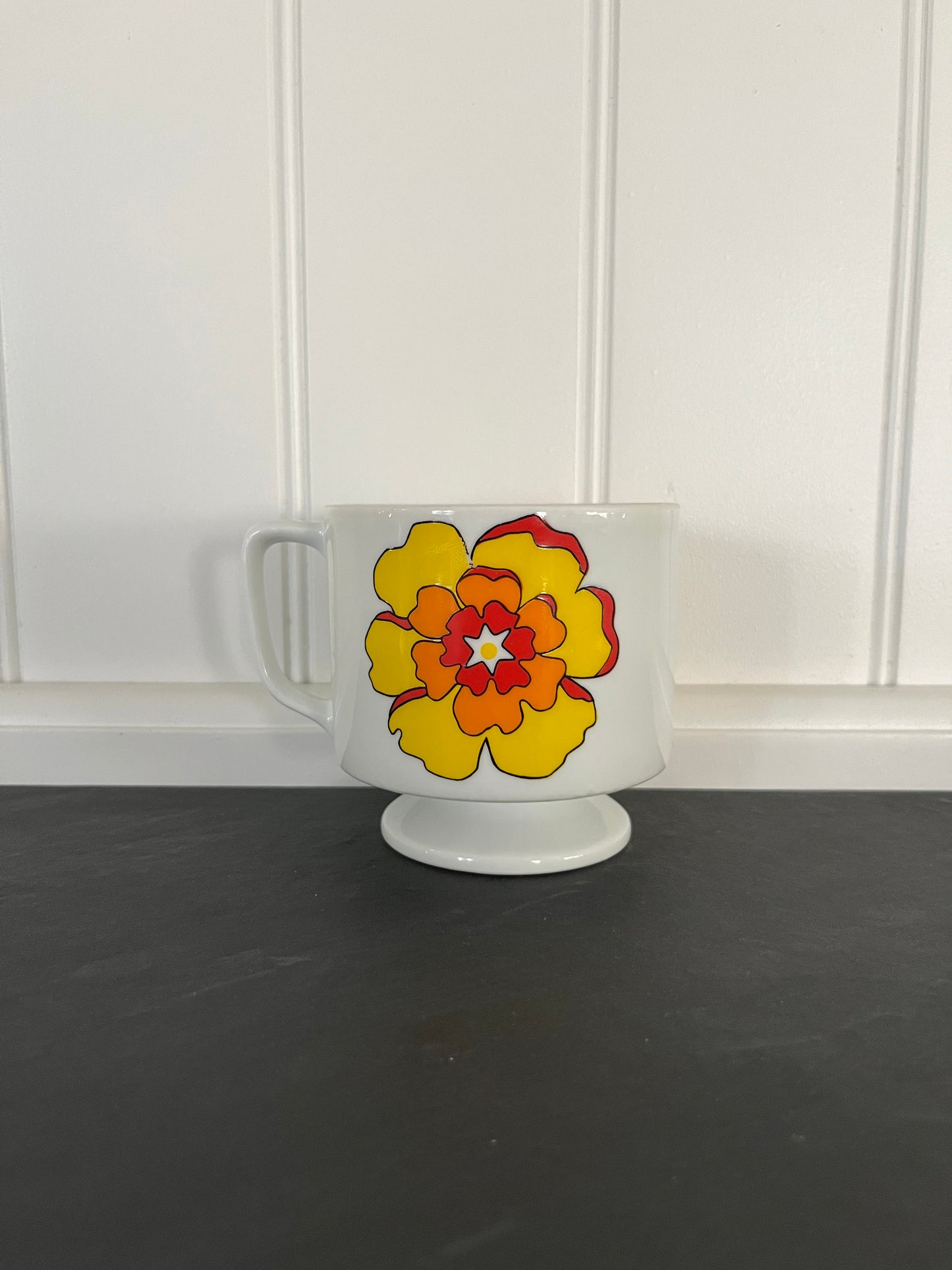 Vintage  1970s Mod Flower Pedestal Mug – Bright Yellow & Red Bloom