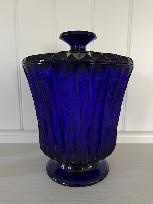 Vintage 1960s Empoli Italian Cobalt Blue Glass Apothecary Jar with Lid – Mid-Century Pedestal Candy Dish