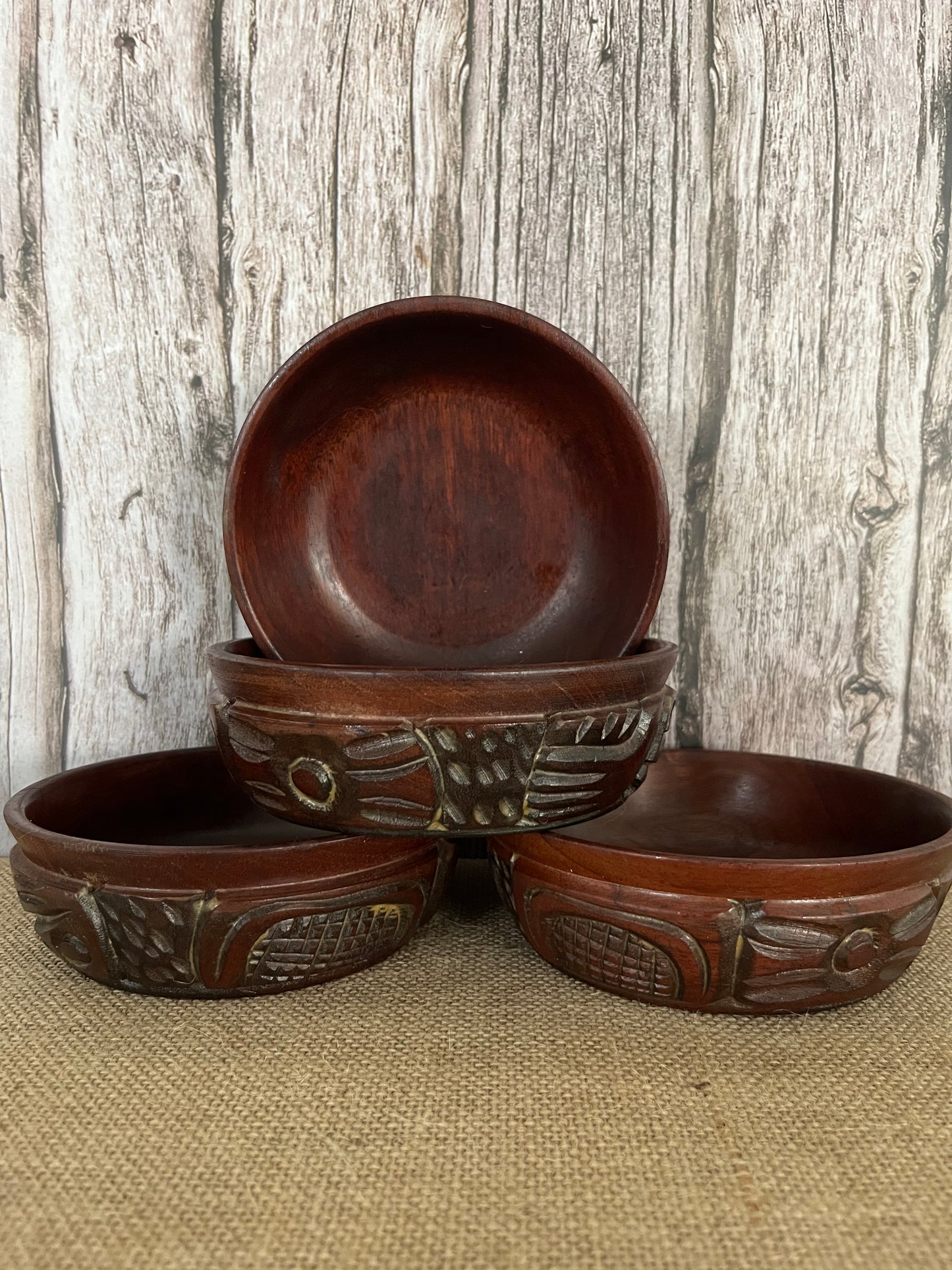 Hand Carved Vintage Teak Wood Bowls Set of 4 - Aloha Tiki Islands Fusion Theme | Mid-Century Modern Artisan Craft