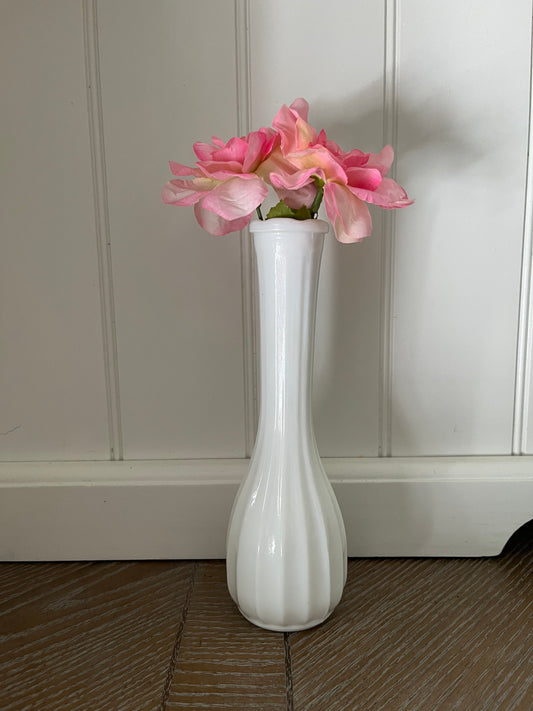 Vintage 1960s–1970s White Milk Glass Bud Vase – Scalloped Rim, Fluted Base, 8½” Tall