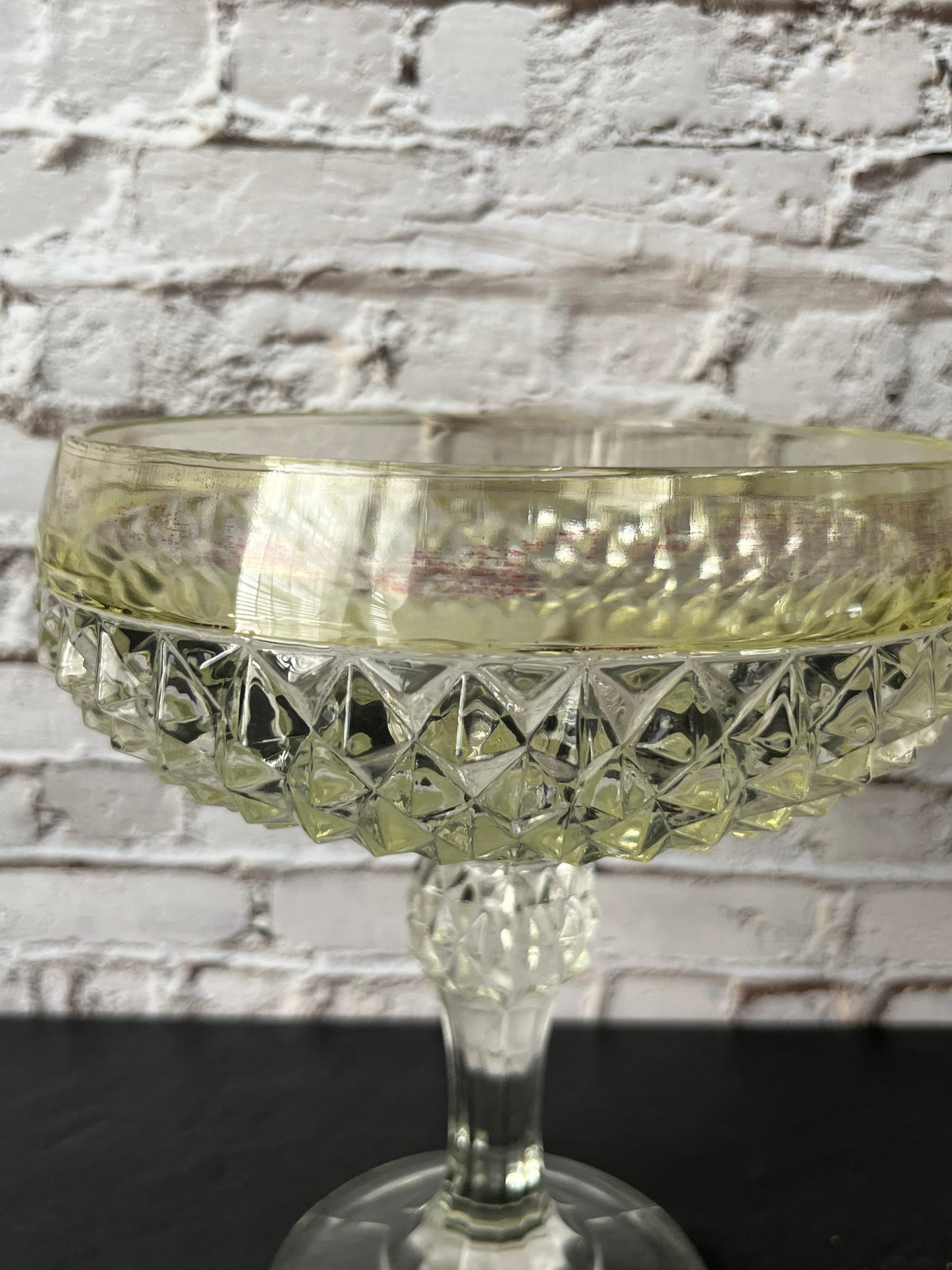 Vintage Indiana Glass Diamond Pattern Pedestal Compote Bowl – Yellow Tint Pressed Glass Dessert Dish (1960s–1970s)
