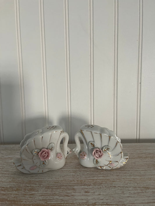 Vintage Swans with Roses Bone China Royal Japan Salt Pepper Shaker Set