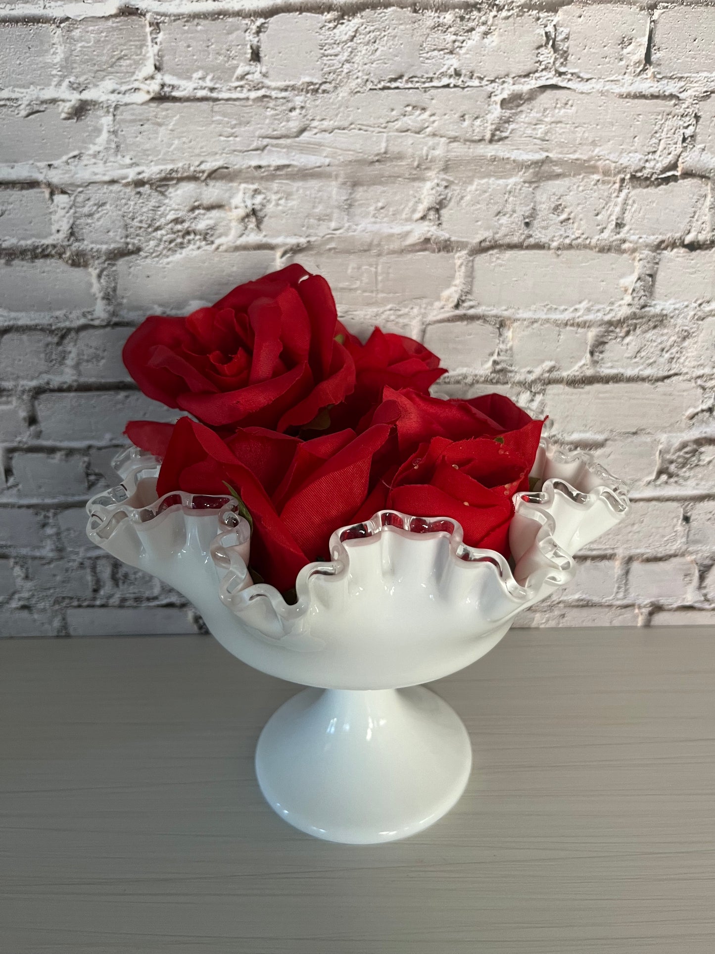 Vintage Fenton Silvercrest Large Ruffled Edge Pedestal Bowl Compote - 1950s White Milk Glass