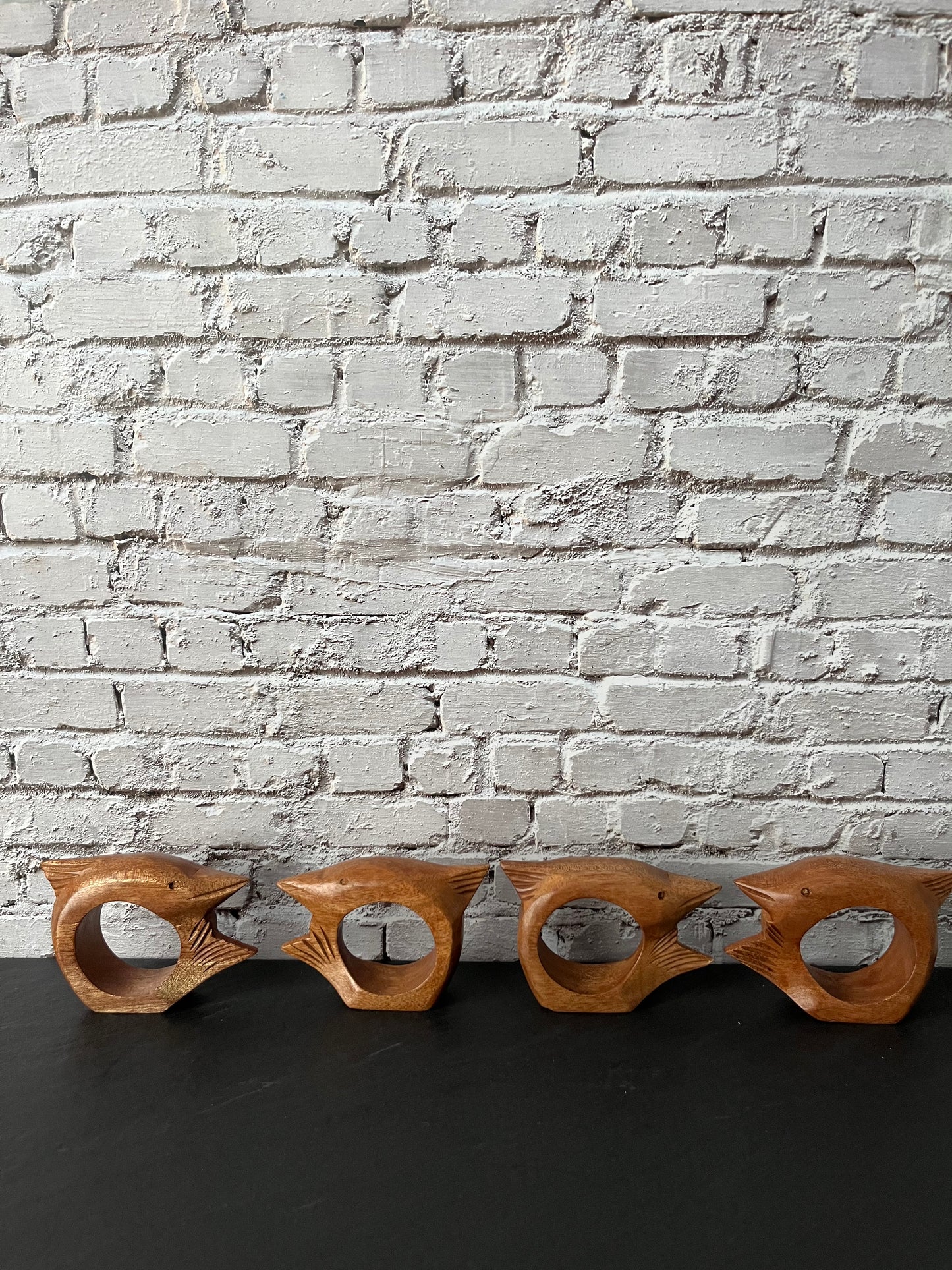 Vintage 1970s Hand-Carved Wooden Fish Napkin Rings – Sculptural Mid-Century Modern Set of 4