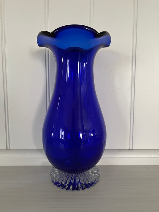 Vintage Cobalt Blue Glass Vase with Clear Swirl Foot | 1980s–1990s