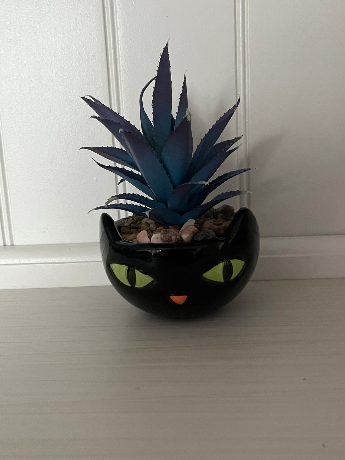 Retro Black Cat Faux Succulent Planter | Halloween Décor
