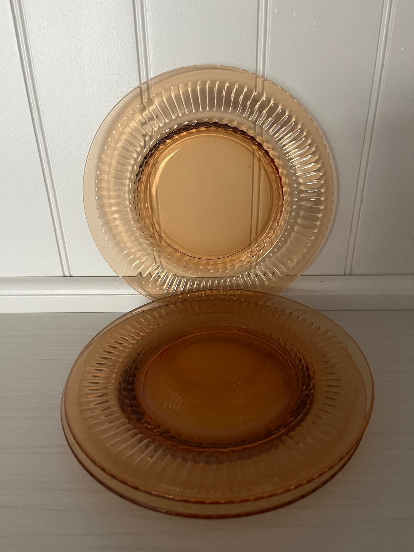 Vintage 1970s Pressed Soft  Amber Glass Dinner Plate with Fluted Rim & Braided Center –