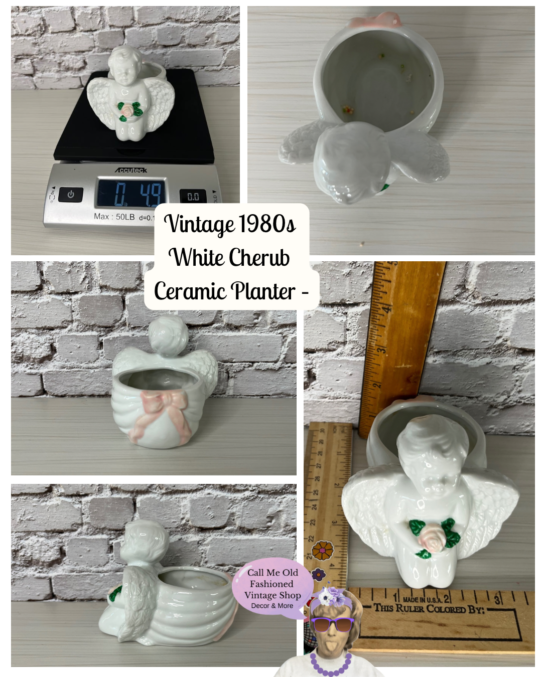 Vintage 1980s White Cherub Ceramic Planter – Rococo Angel Holding a Pink Rose