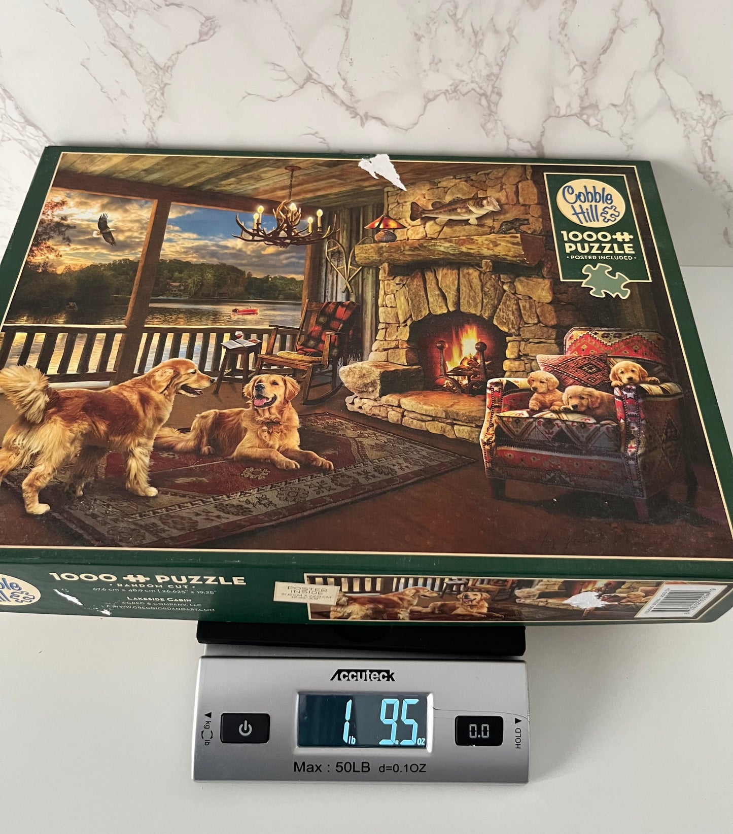 2010s  Vintage style Cobble Hill “Lakeside Cabin” 1000-Piece Jigsaw Puzzle – Golden Retriever Lodge Scene – Complete with Poster