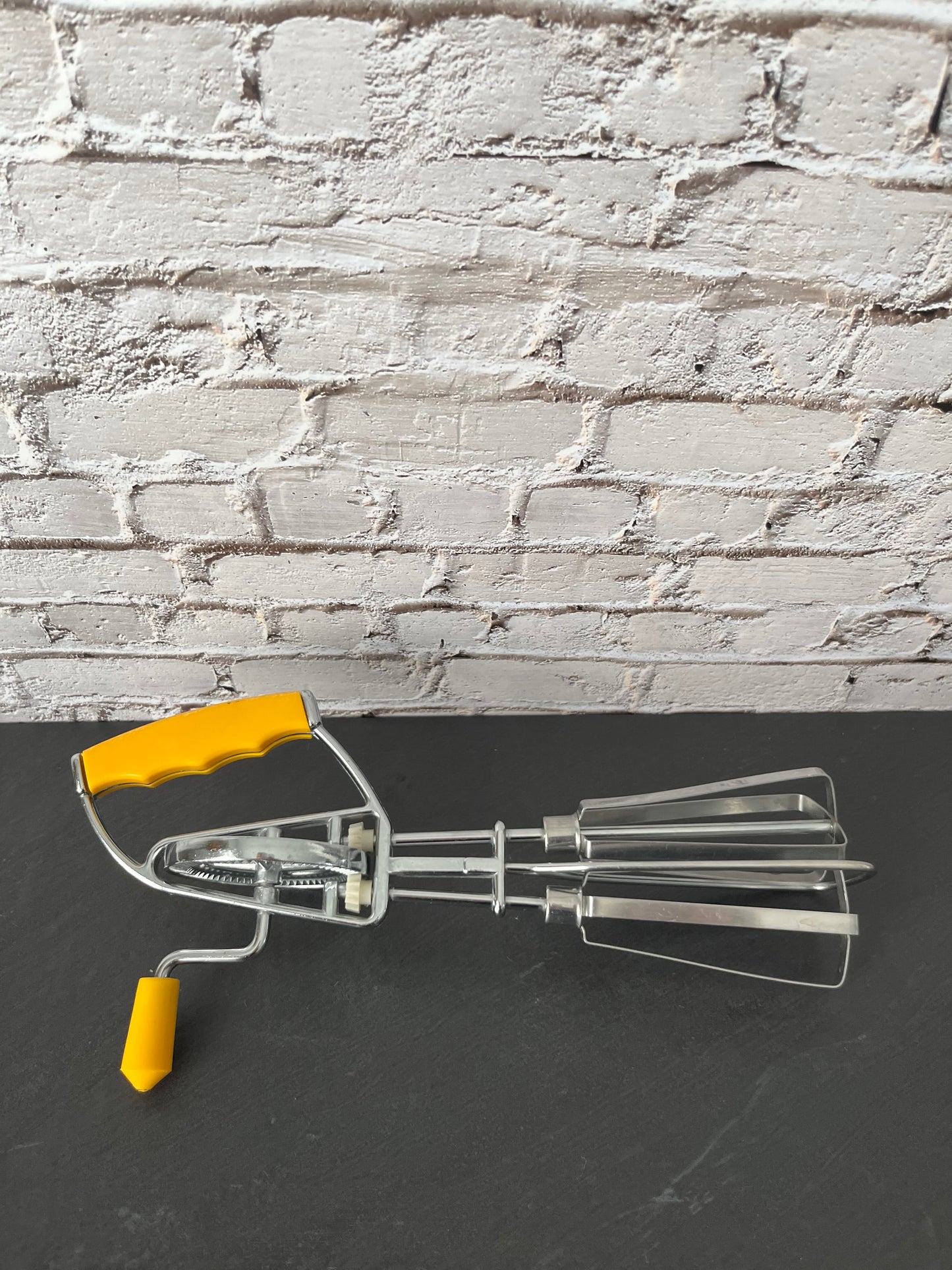 1950’s Vintage European Manual Hand Mixer Egg Beater w/ Yellow Handle, Mid Century Rotary Kitchen Mixer, Retro Baking Tool