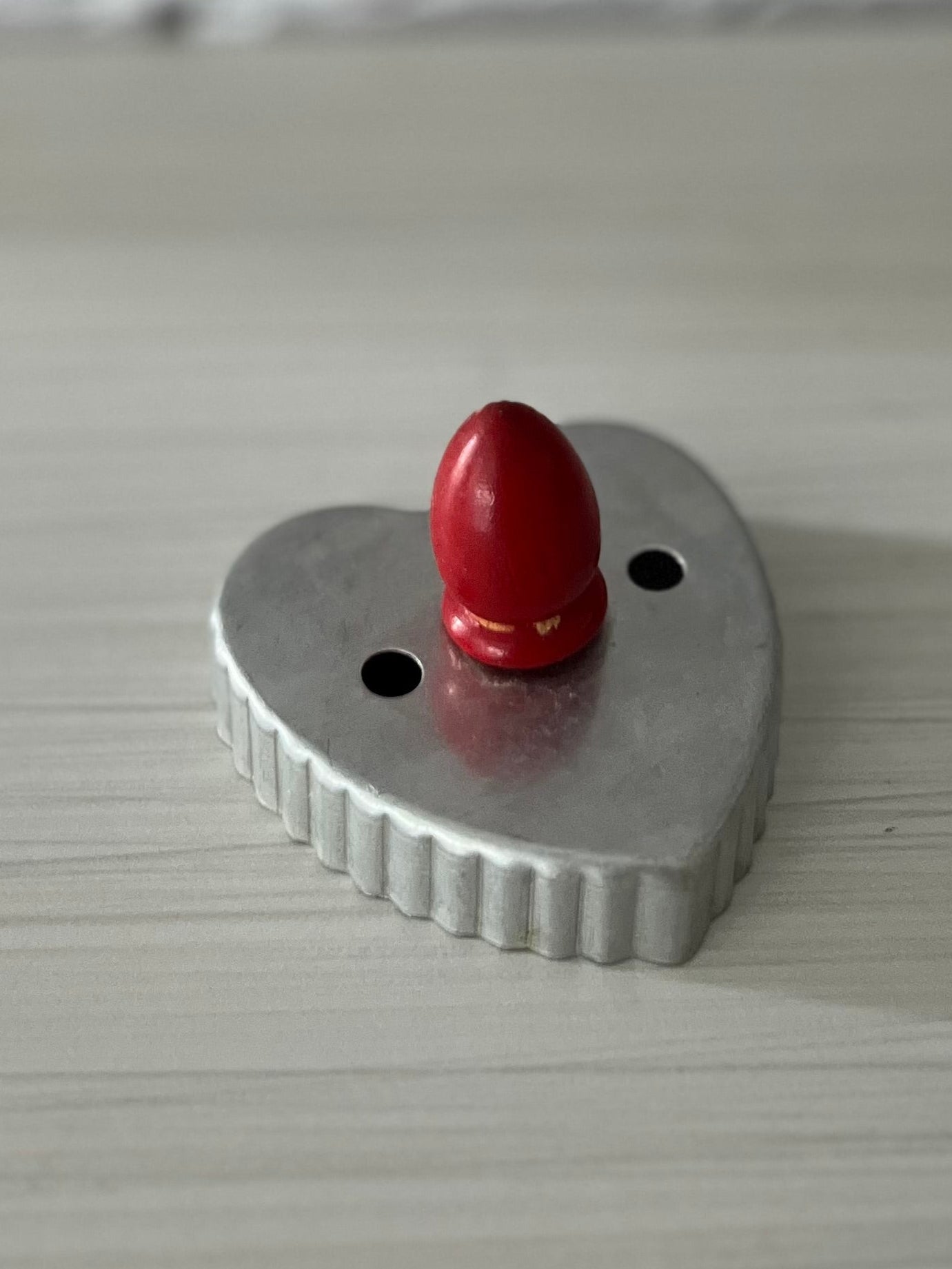 Vintage 1940s Aluminum Heart Cookie Cutter with Red Wooden Handle