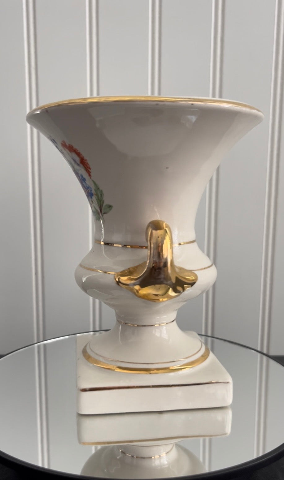 Vintage European Trophy Vase – Campana Floral Design with Gold Trim – Porcelain Urn Style with Footed Pedestal