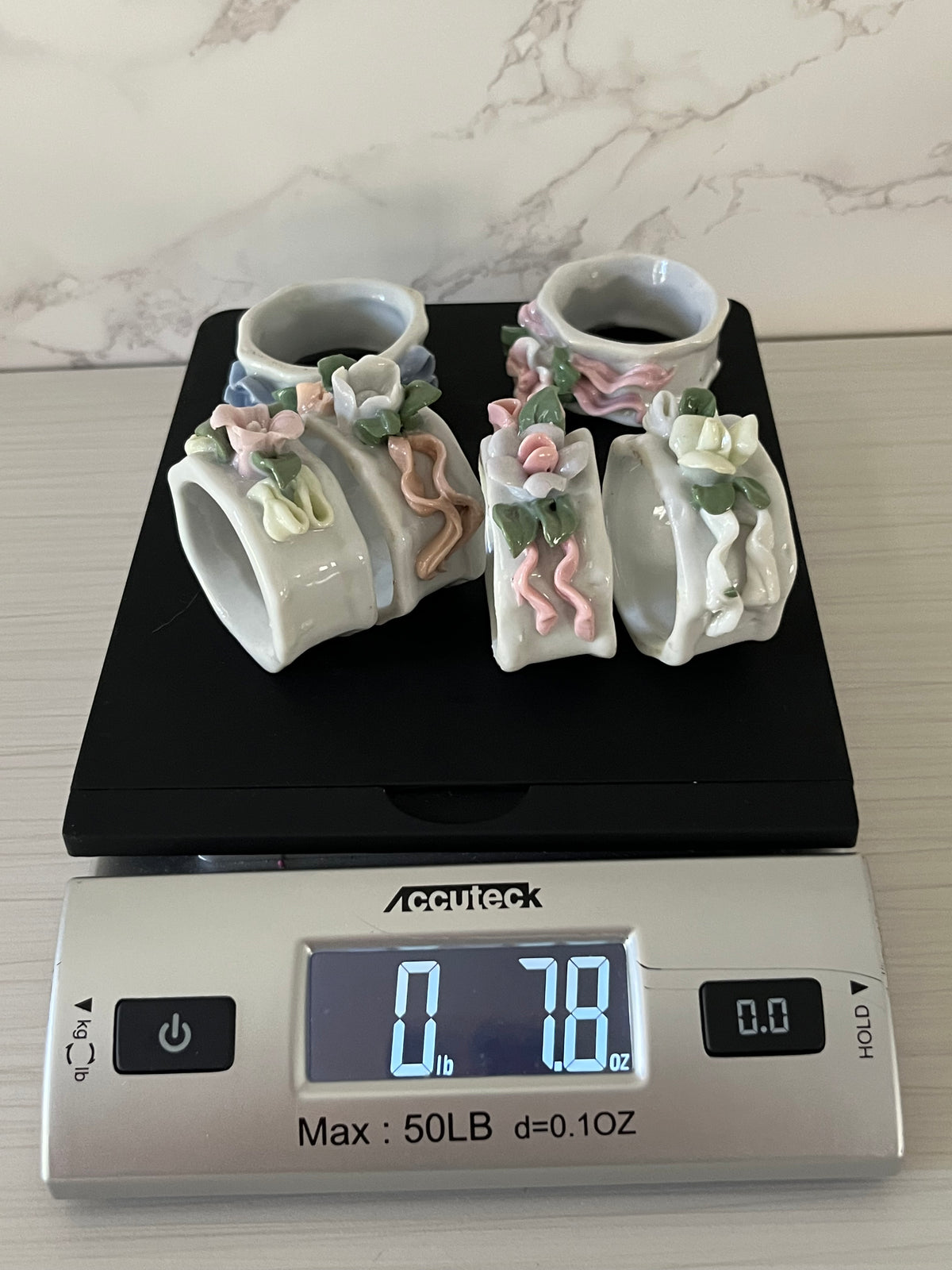 Vintage 1980s Glazed Porcelain Sculpted Floral Napkin Rings – Set of 6 Pastel 3D Flowers & Ribbons