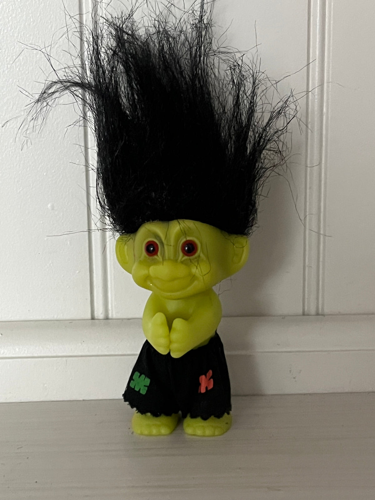 Vintage 1990s Russ Frankenstein Troll Doll | Green Halloween Troll Black Hair | 6”