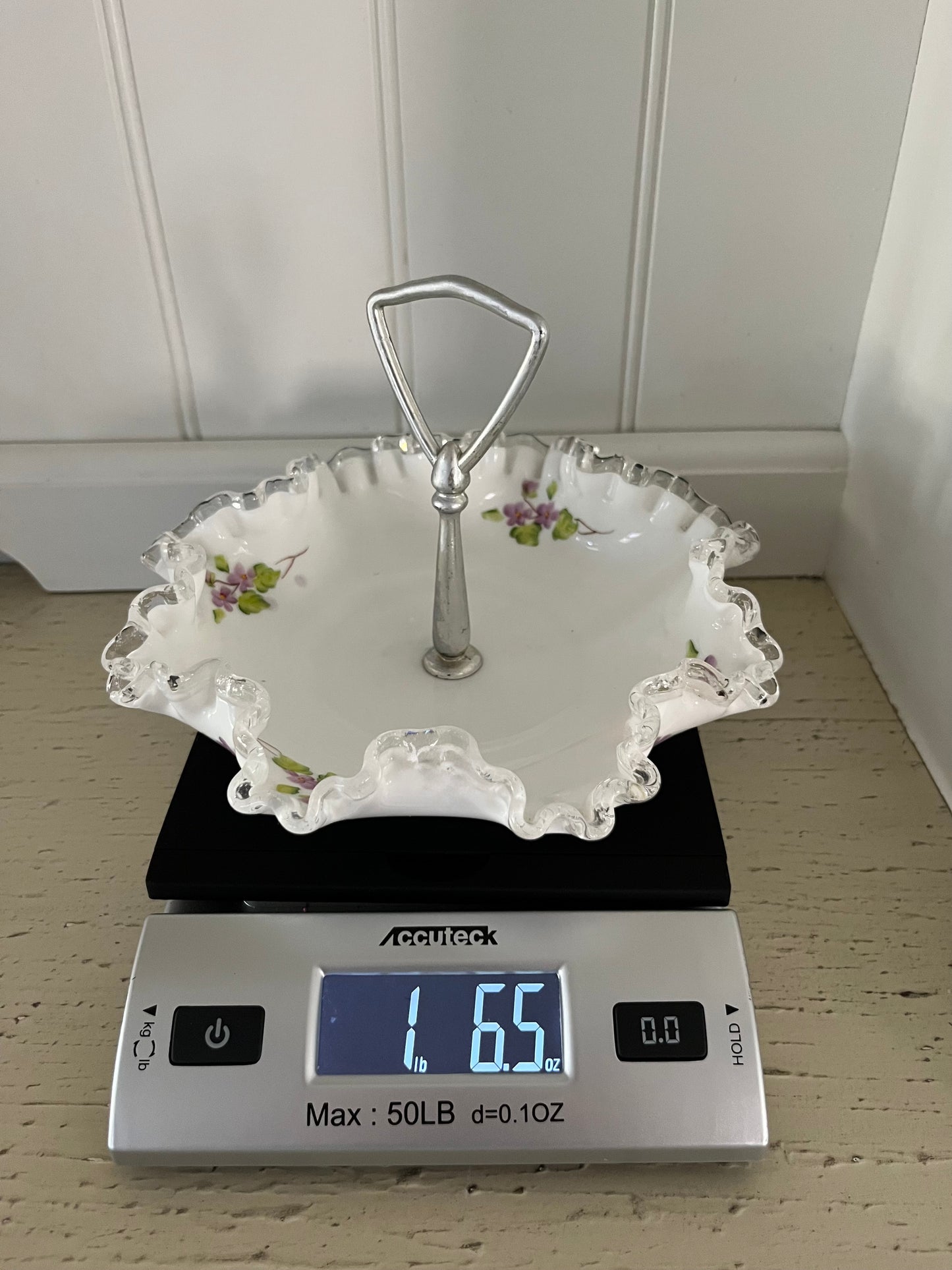 Vintage c 1960’s Fenton-Style Unmarked Silver Crest Milk Glass Tidbit Tray with Violet Floral Detail & Metal Handle | Ruffled Bon Bon Candy Dish / Vanity Tray