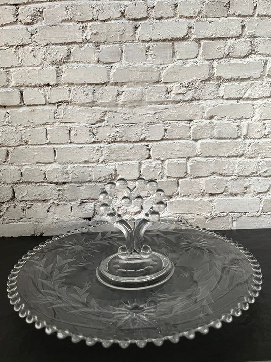 Vintage 1940s Imperial Glass Candlewick Etched Floral Pastry Server with Heart Bubble Handle – Clear Glass Sandwich Tray