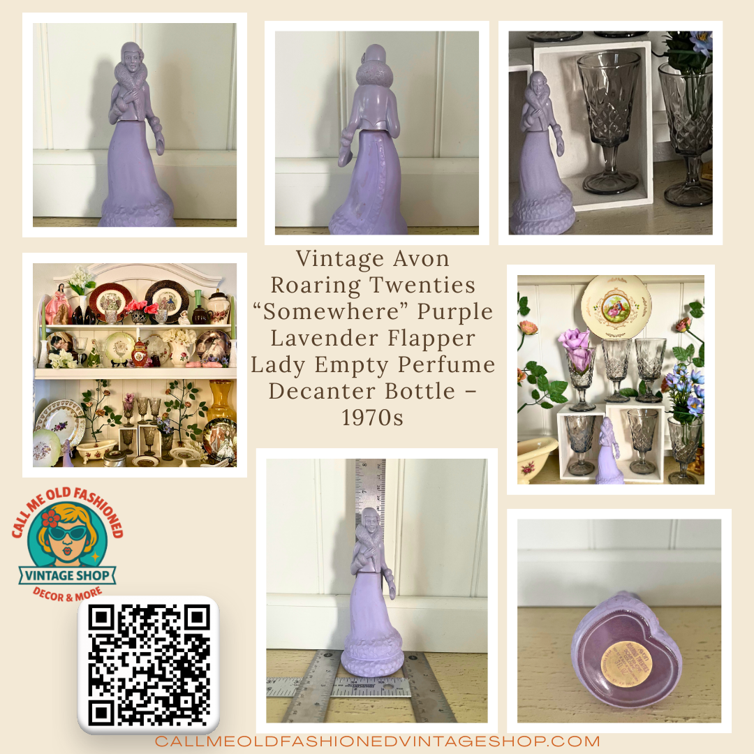 Vintage Avon Roaring Twenties “Somewhere” Purple Lavender Flapper Lady Empty Perfume Decanter Bottle –1970s