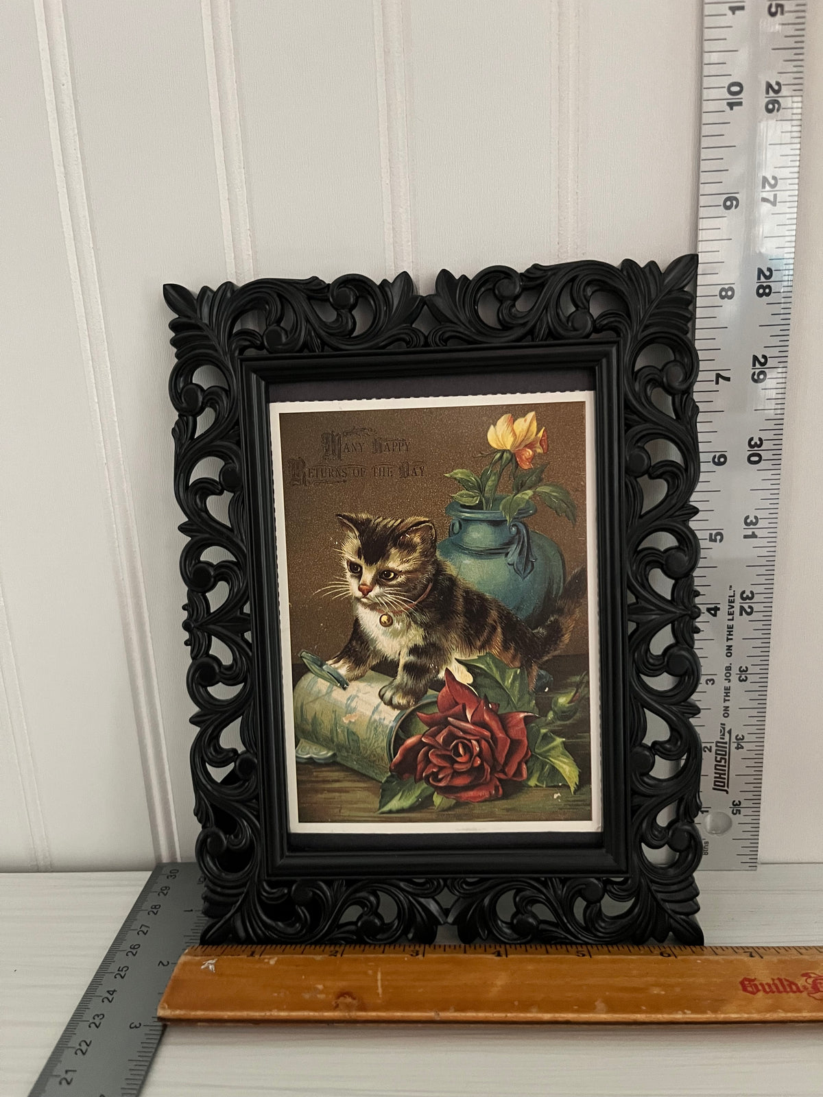 Circa 1970s Victorian/Edwardian Reproduction revival Kitten Postcard in Ornate Scroll Black Plastic Frame | “A Little Bundle of Love” Cat Art