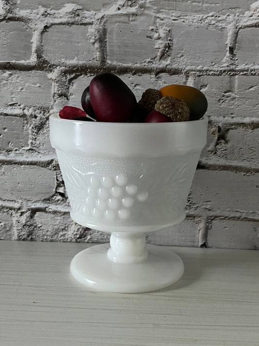 Vintage Anchor Hocking Milk Glass “Grapes & Leaves” Sherbet / Dessert Cup — Footed Pedestal (c. 1960s–1970s) Small Compote