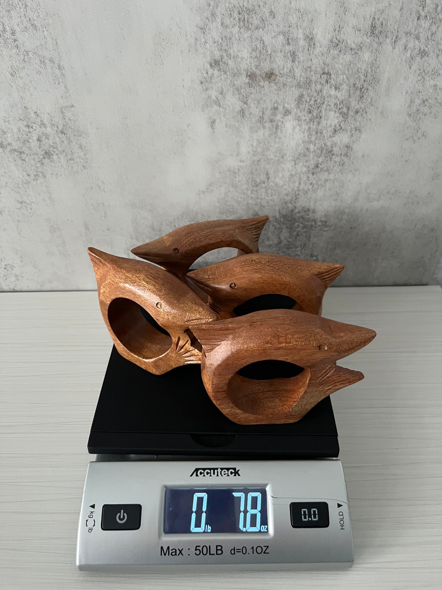 Vintage 1970s Hand-Carved Wooden Fish Napkin Rings – Sculptural Mid-Century Modern Set of 4
