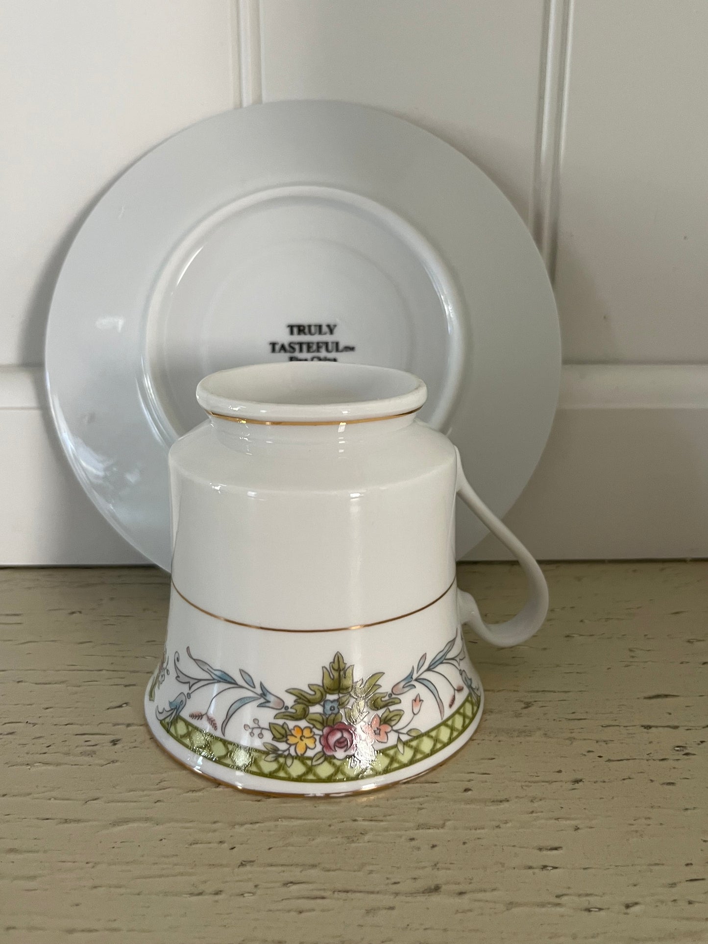 Vintage c 1980’s  Truly Tasteful Fine China Demitasse Cup & Saucer Set Floral Gold Trim