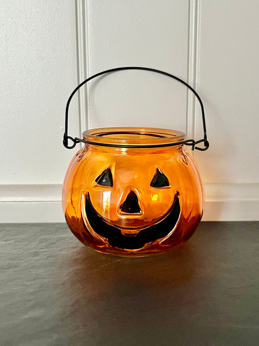 Amber Glass Jack-O’-Lantern Candle Holder | Small Halloween Pumpkin Pail, Curated Shelf & Trinket Display Décor