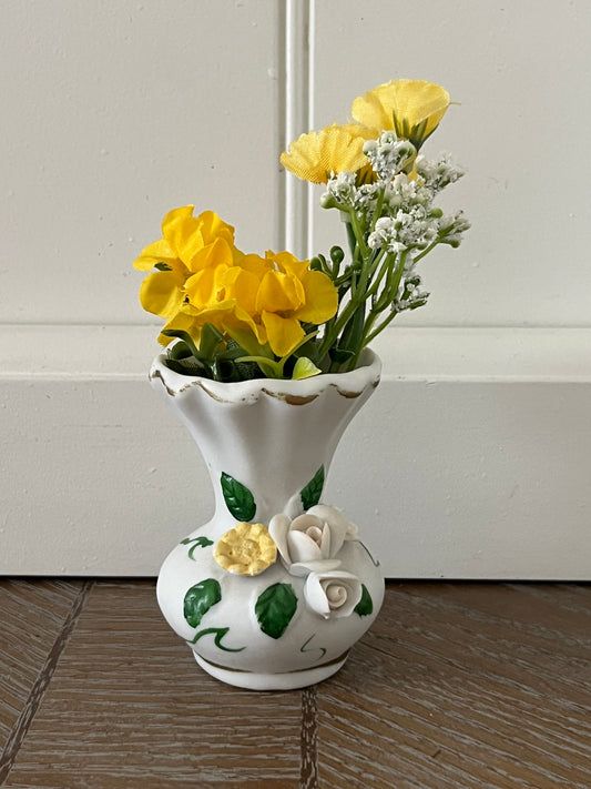 Vintage 1970s Mini Floral Vase White bisque Porcelain Bud Vase with Capodimonte style applied Roses – Made in Taiwan Gold Trim