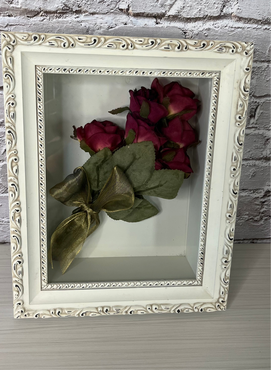Vintage 1980s Ornate White Shadow Box with Silk Roses – Romantic Rococo Décor