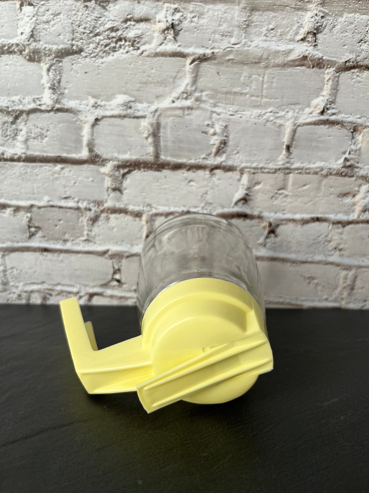 Vintage Federal Glass Syrup Dispenser w/ Yellow Plastic Lid & Handle, Mid Century Pancake Syrup Pitcher, Retro Kitchen Glassware 1960s-70’s