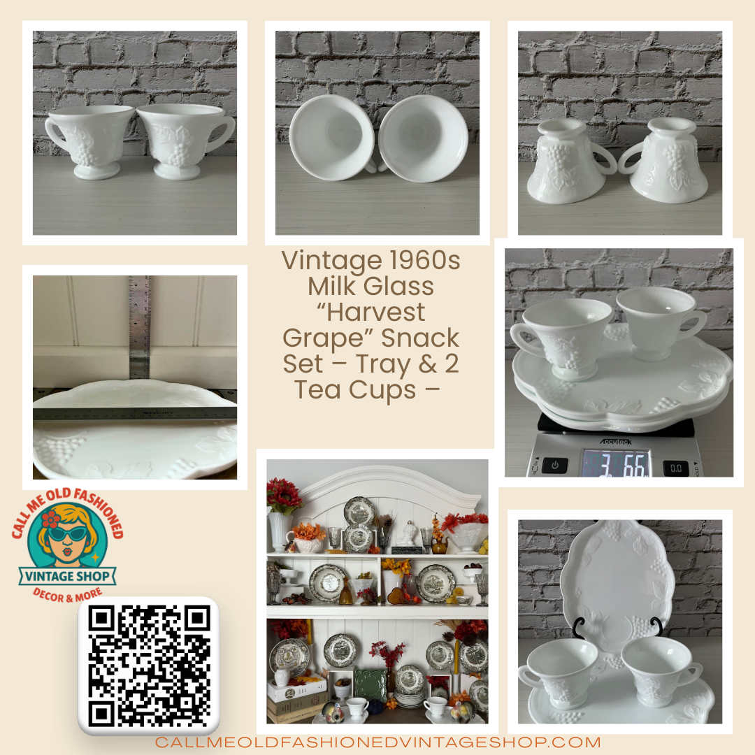 Vintage 1960s Indiana Milk Glass Colonial “Harvest Grape” Snack Set – 2 Trays & 2 Tea Cups