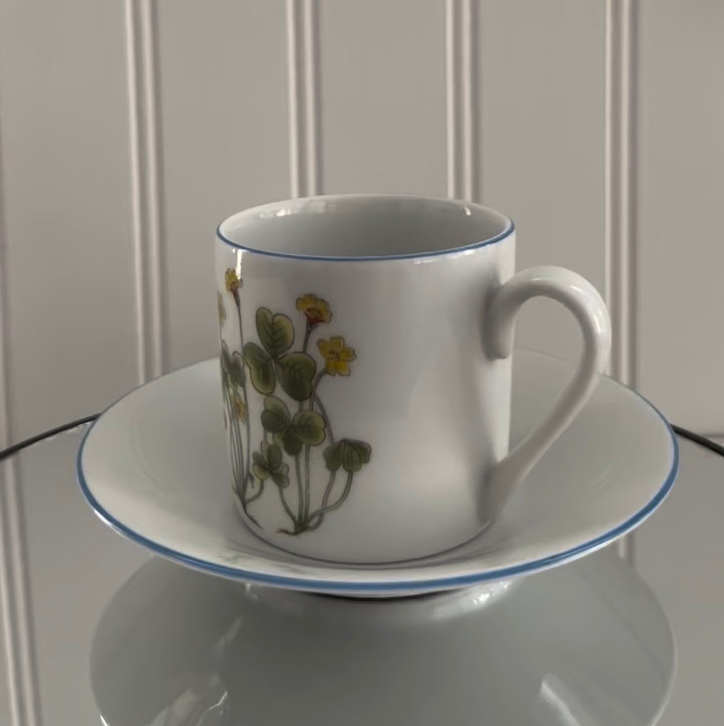 Vintage c.1980s  Porsgrund porcelain demitasse Tea cup and saucer from the Mountain Flower series Yellow Oxalis Shamrock Wood Sorrel Flora