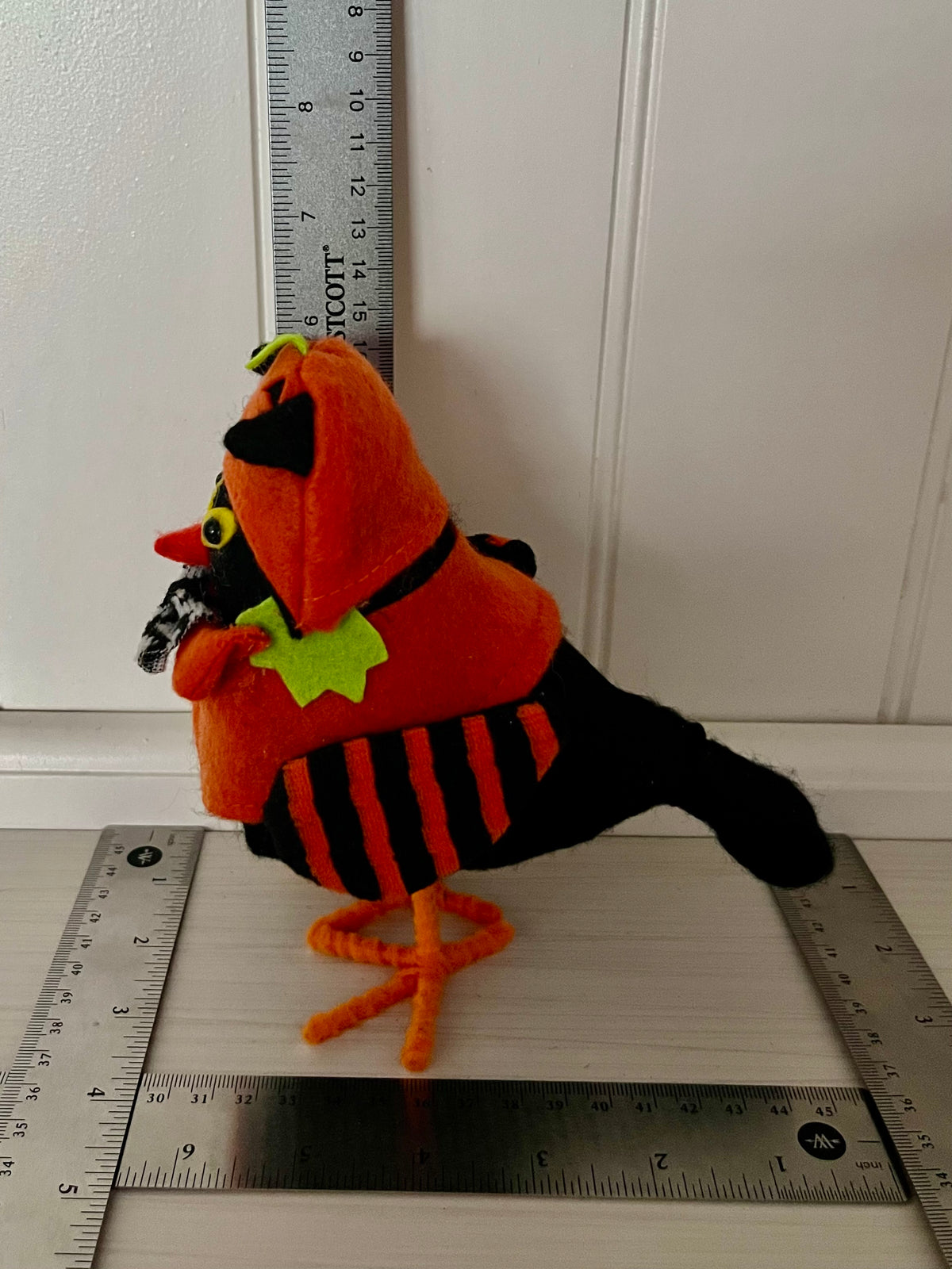 Retro Halloween Black Cat Bird Figurine in Pumpkin Costume | Felt Shelf Décor | 6”