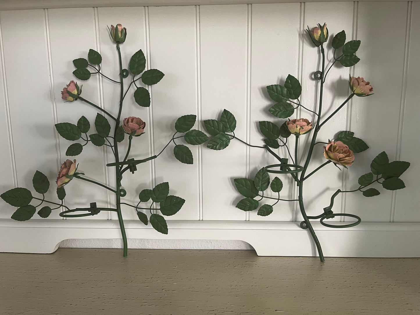 Vintage metal rose wall sconces with integrated votive candle holders /–1980s
