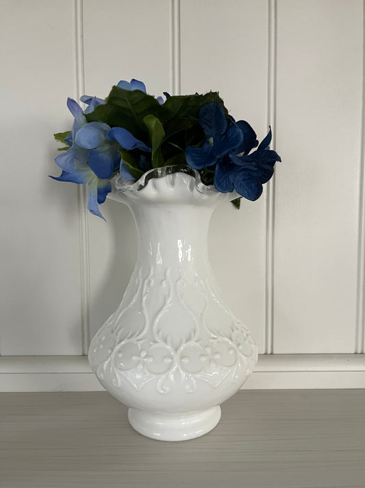 Vintage 1950s White Milk Glass Fenton Ribbon Silver Crest Spanish Lace Vase