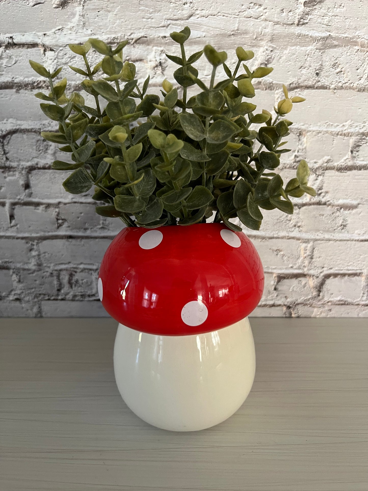 Whimsical Mushroom Planter with Faux Greenery | Retro Cottagecore Decor