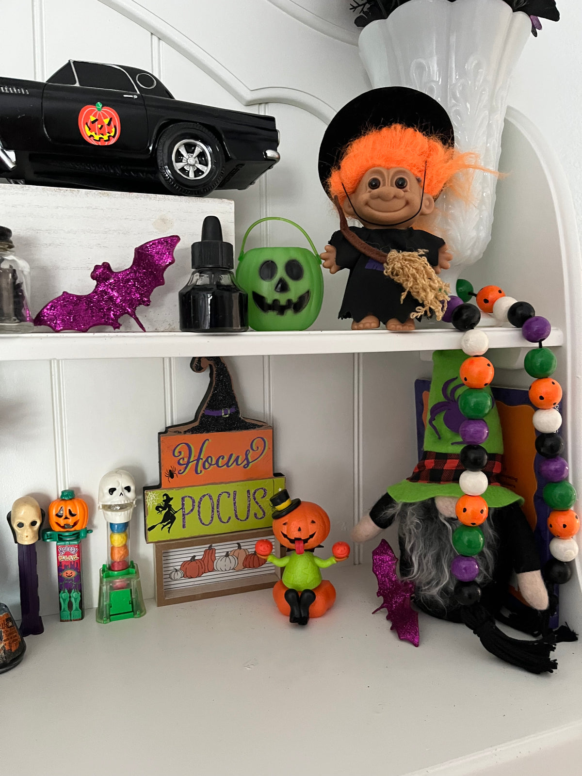 Vintage c1990s Russ Berrie Halloween Witch Troll Doll #25503 | Orange Hair Broom | 6”
