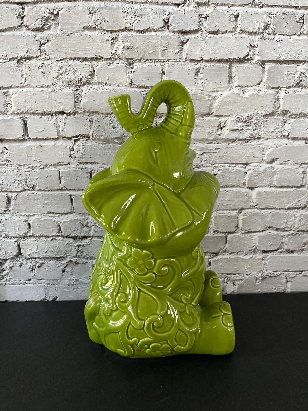 Large Lucky Trunk Green Ceramic Elephant Figurine – Floral Scrollwork Trunk-Up Décor – 11”