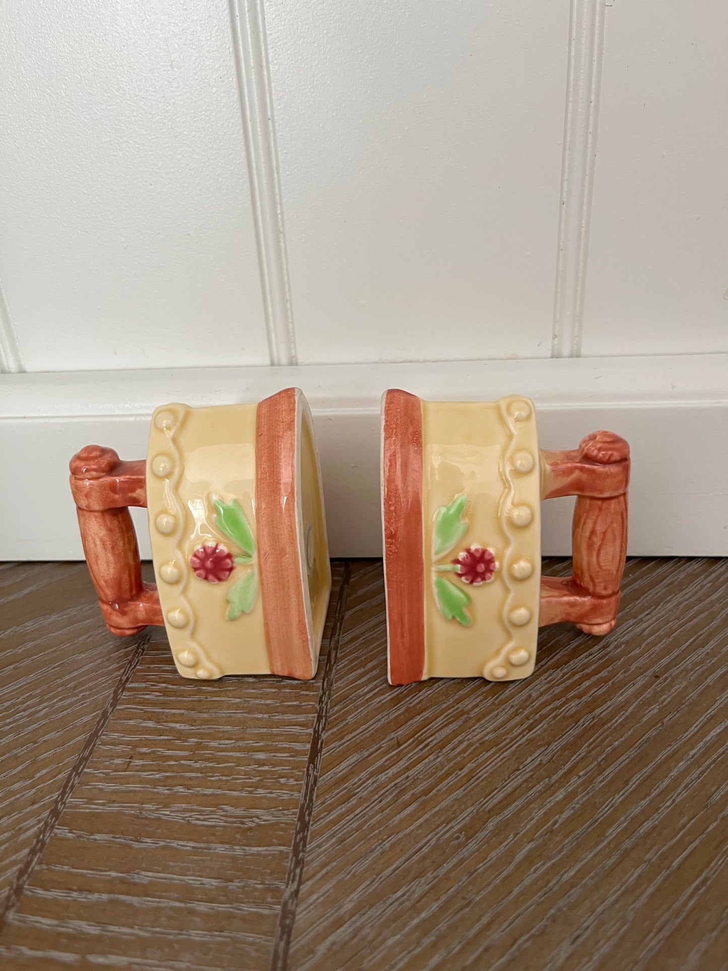 Vintage Ceramic Flat Iron Salt & Pepper Shakers – Hand-Painted Floral Motif (c. 1970s, Japan)