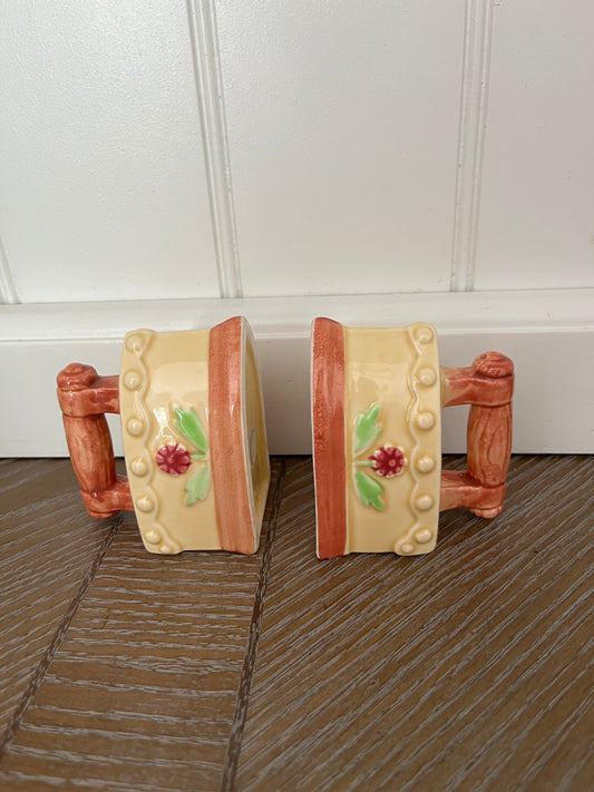 Vintage Ceramic Flat Iron Salt & Pepper Shakers – Hand-Painted Floral Motif (c. 1970s, Japan)