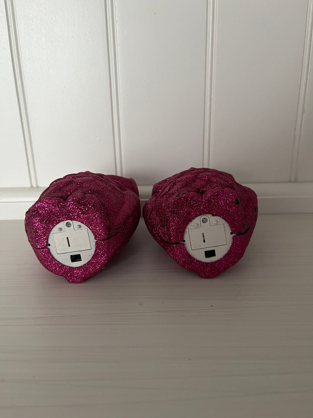 Pair of Glitter Magenta Pink Light-Up Owl Figurines ,  Halloween Décor