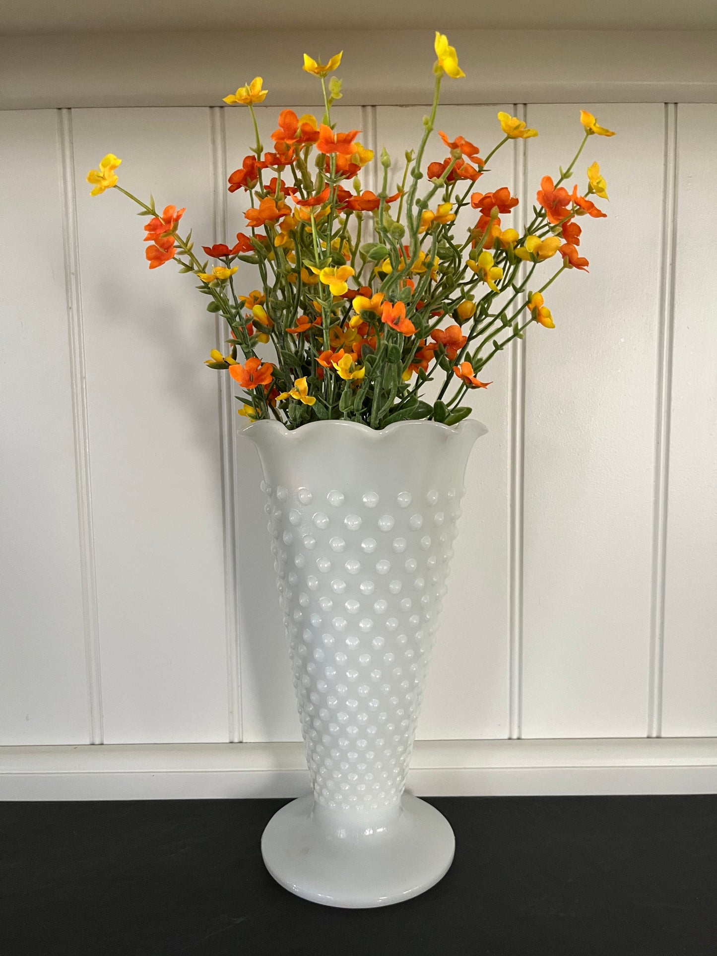 MCM Anchor Hocking Hobnail Milk Glass Trumpet Flower Vase