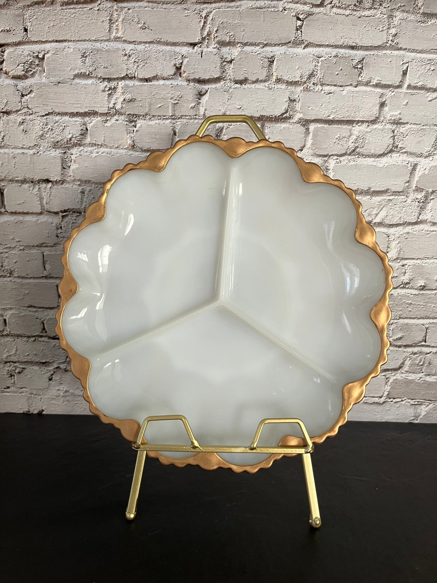Vintage 1950s Anchor Hocking Fire-King Milk Glass Divided Relish Tray – Gold Trim Elegance
