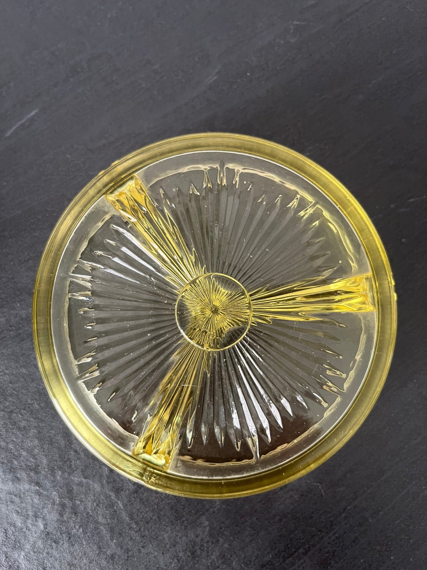 Vintage Yellow Depression Glass Divided Candy Dish with Silver Tone Basket Handle – 3 Section Relish Tray (1950s–1960s)