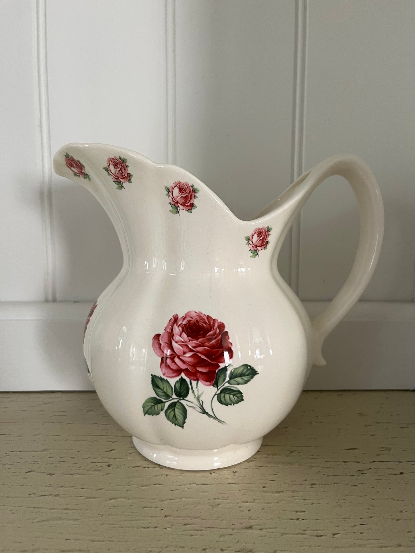 Vintage  Cream Glaze Ceramic Floral Rose Pitcher | Hand-Decorated Cottage & Regency Style | 6.5″ Tall
