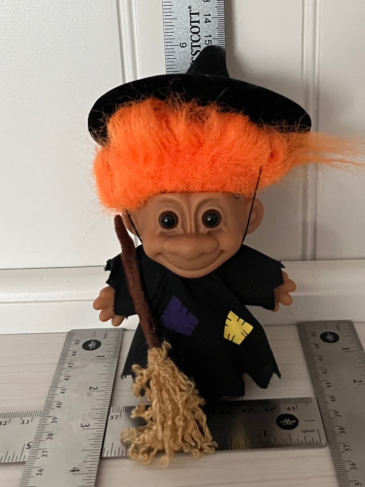 Vintage c1990s Russ Berrie Halloween Witch Troll Doll #25503 | Orange Hair Broom | 6”
