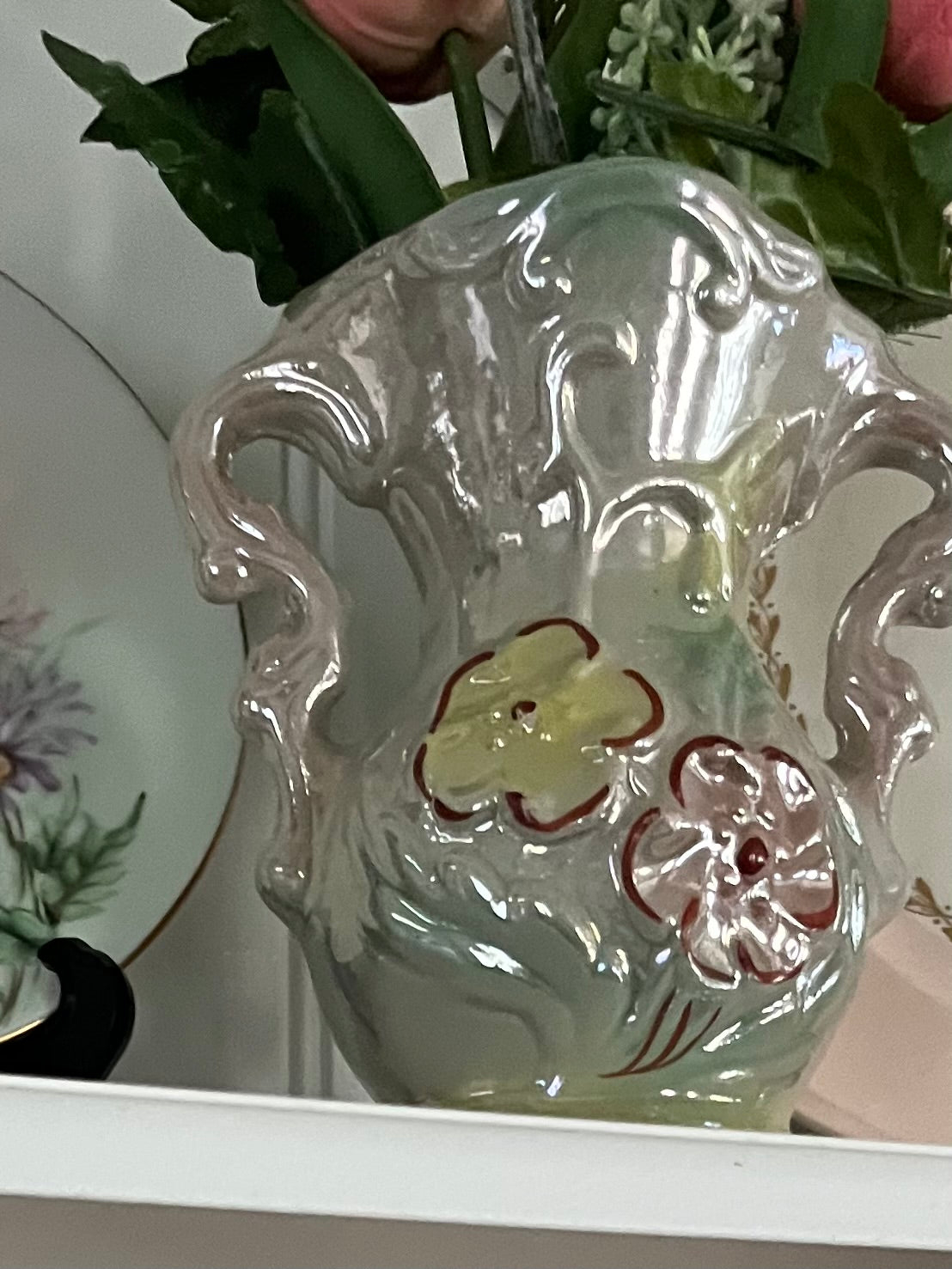 1960s Vintage Iridescent Lusterware Ceramic Amphora Vase with Raised Floral Motif and Ornate Handles – Made in Brazil