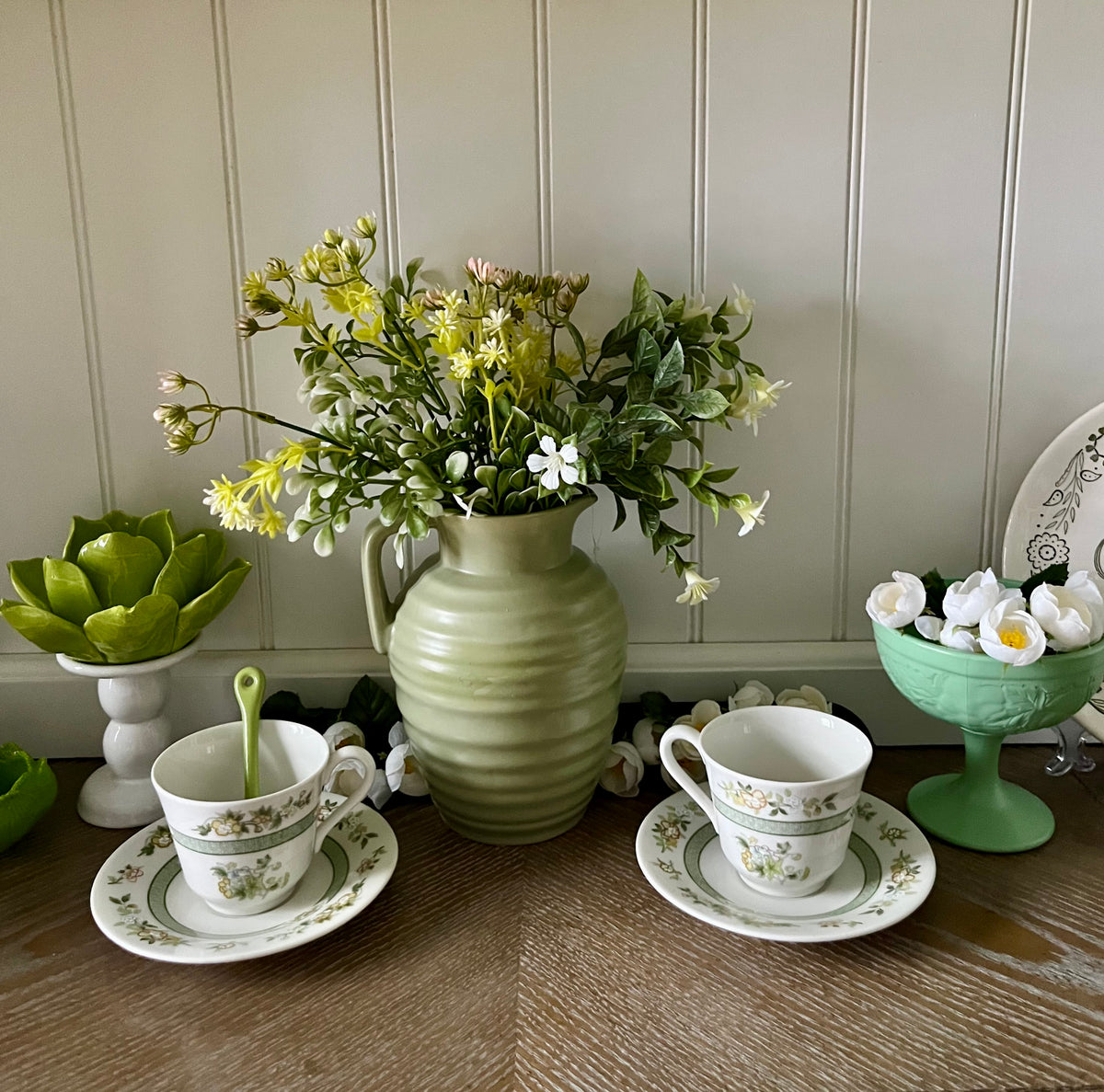 Vintage Painted Celadon Green Glass Cristal D’Arques–Durand Footed Compote | Embossed Fruit & Leaf Pedestal Bowl